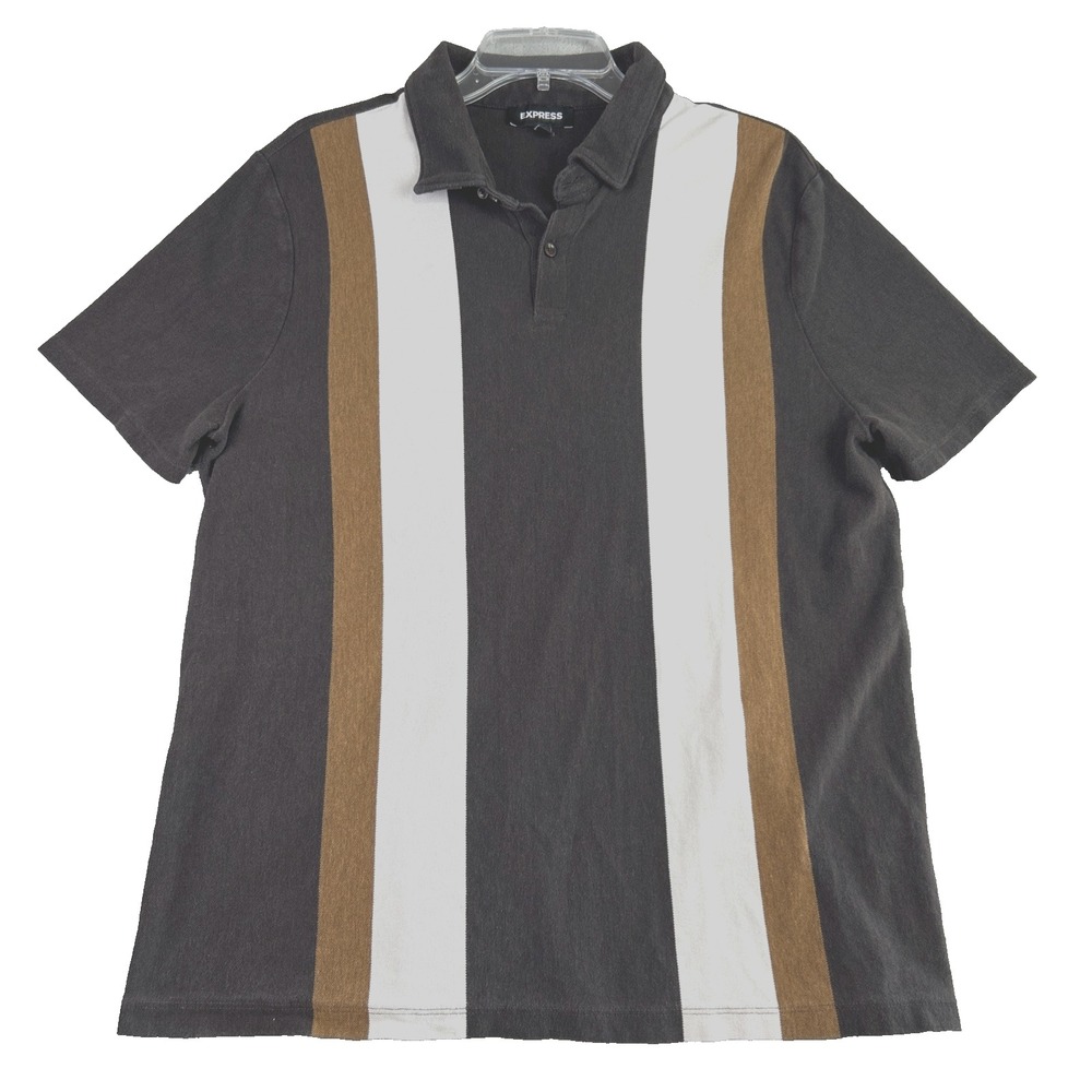 EXPRESS Polo Shirt Men's Brown White‎ Stripe Stretch Short Sleeve Bowling Preppy